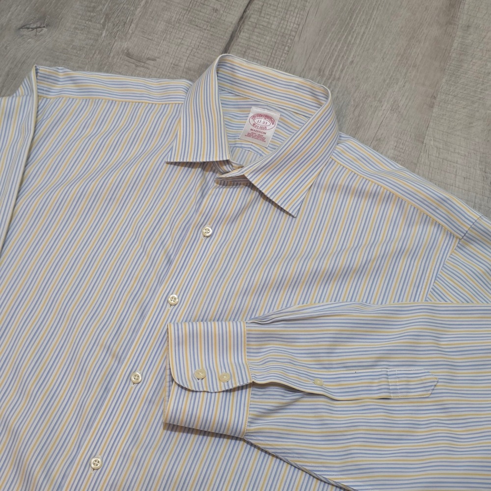 Brooks Brothers Madison Shirt Non-Iron Supima Cotton 17-33 Blue Yellow‎ Stripe